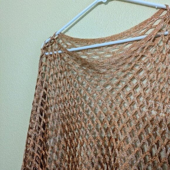 Handmade Boho Open Weave Copper Poncho With Fringed Hem & Shimmering Threads - Picture 3 of 6